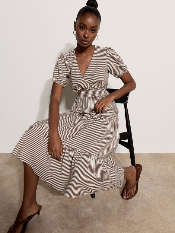 Stripe Wrap Midaxi Dress, Brown, large