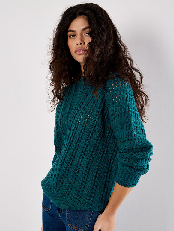 Vertical Pointelle Knit Jumper, Teal, large