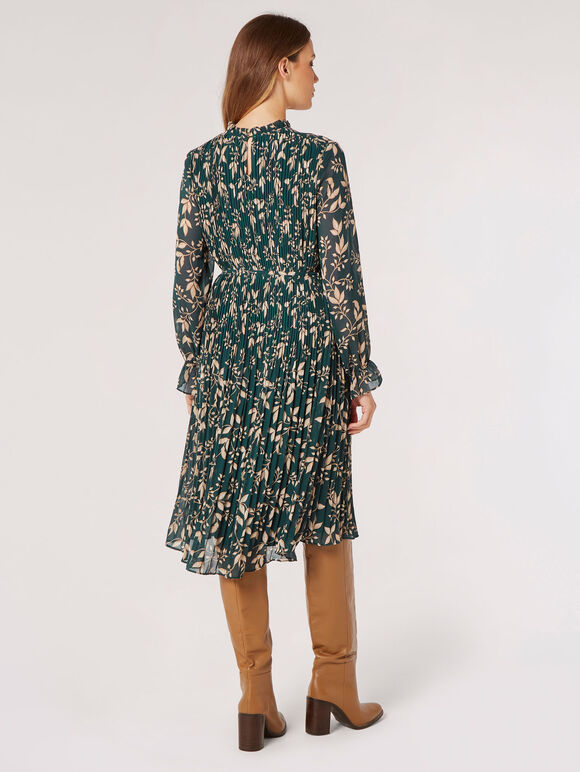 Leaf Pleated Chiffon Midi Dress, Green, large