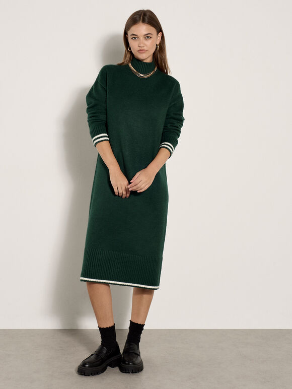 Tipped Knitted Jumper Midi Dress, Green, large
