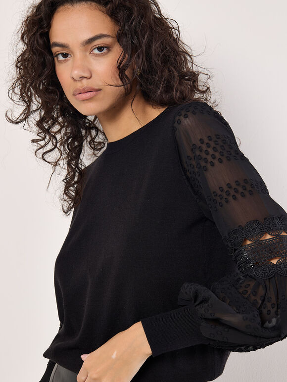 Contrast Chiffon Sleeves Jumper, Black, large