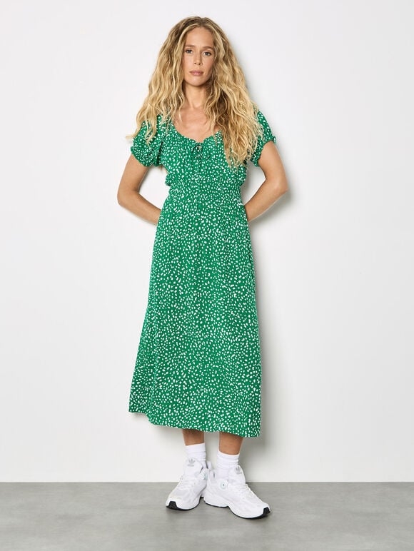 Spot Print Milkmaid Midi Dress, Green, large