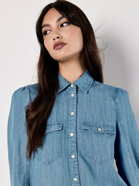 Balloon Sleeve Denim Shirt, Blue, large