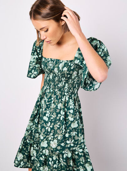 Smocked Cotton Floral Mini Dress