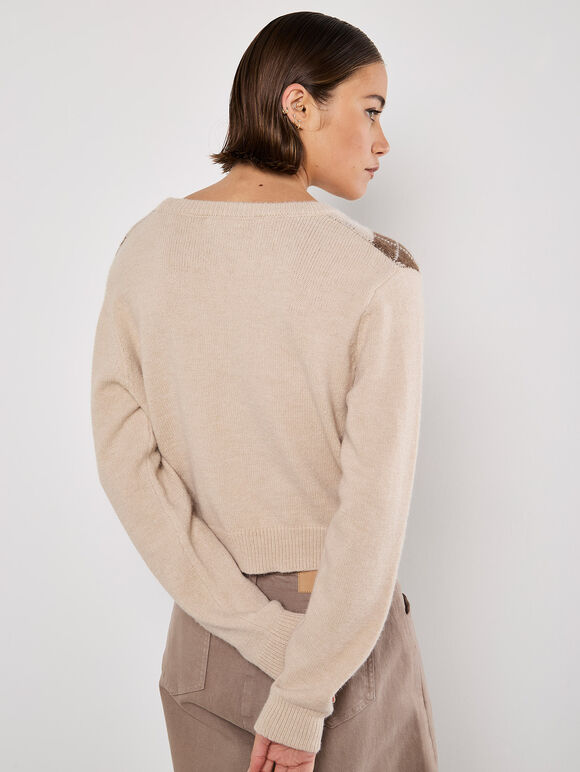 Cropped Argyle Jumper, Stone, large