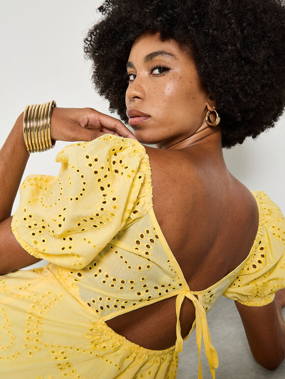 Floral Broderie Mini Dress, Yellow, large