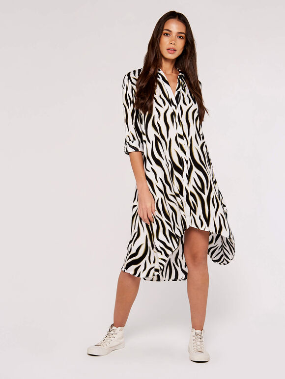 Zebra Oversized Shirt Mini Dress, Cream, large
