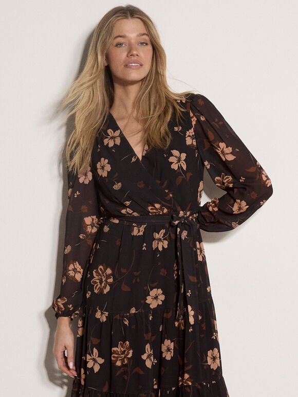 Chiffon Floral Tiered Midi Dress, Black, large