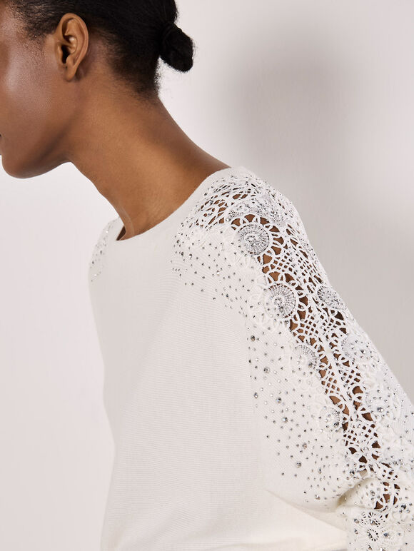 Lace Rhinestone Embellished Jumper, White, large