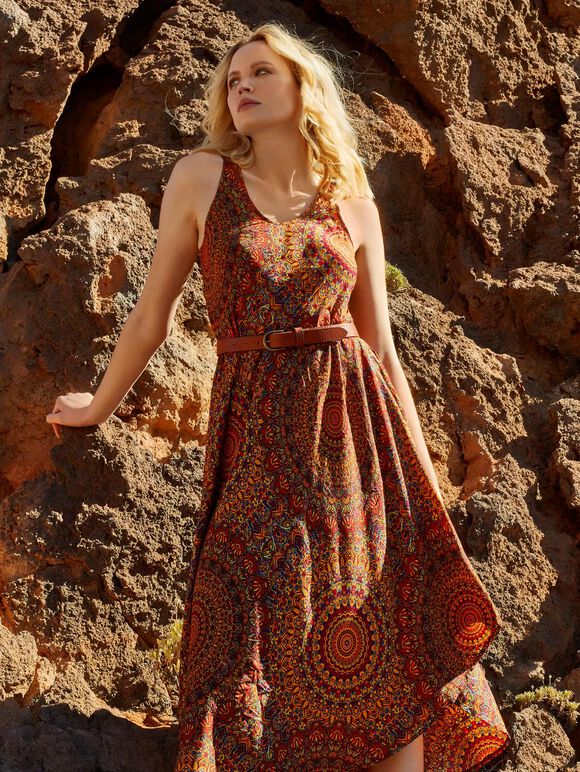 Moroccan Mandala Midi  Dress, Red, large