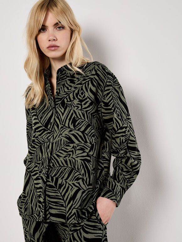 Linen Mix Leaf Print Shirt, Khaki, large