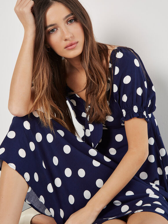 Polka Dot Bow Detail Midi Dress, Navy, large