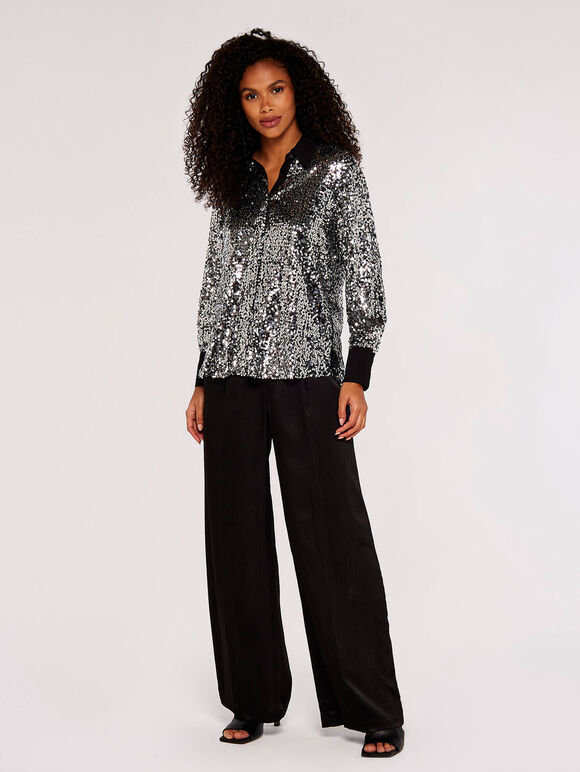 Sequin Button Down Shirt, Light Grey / Silver, large