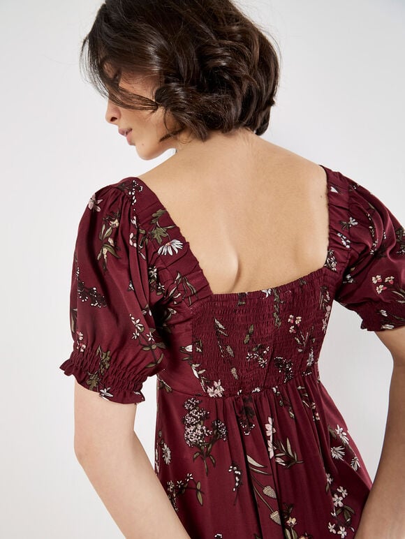 Botanical Floral Smocked Mini Dress, Burgundy, large