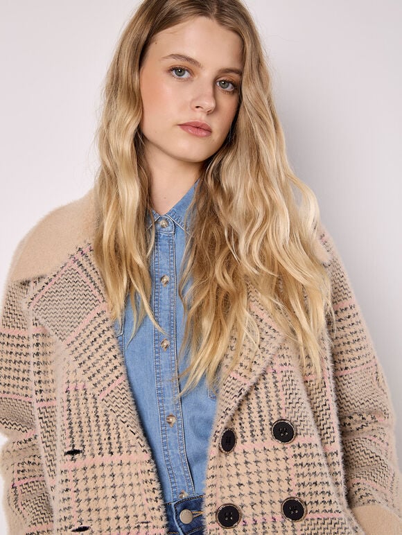 Heritage Check Fluffy Knit Coat, Stone, large
