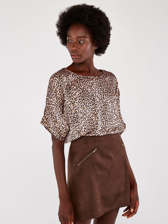 Leopard Oversized Tee Satin Top, Pink, large
