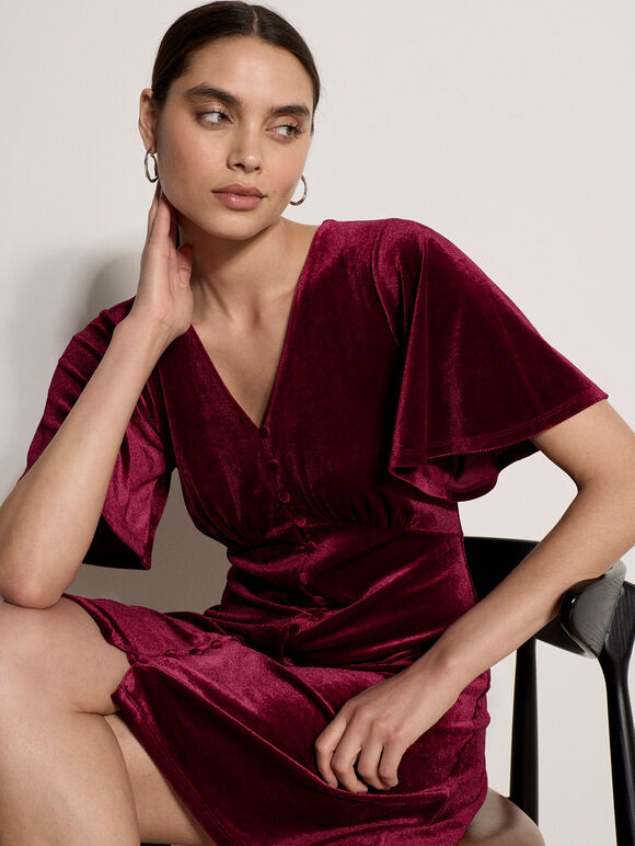 Velvet Button-Down Mini Dress, Red, large