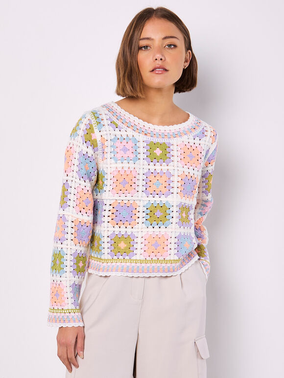 Pastel Crochet Squares Jumper, Blue, large