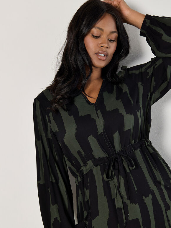 Curve Abstract Lines Midi Dress, Khaki, large
