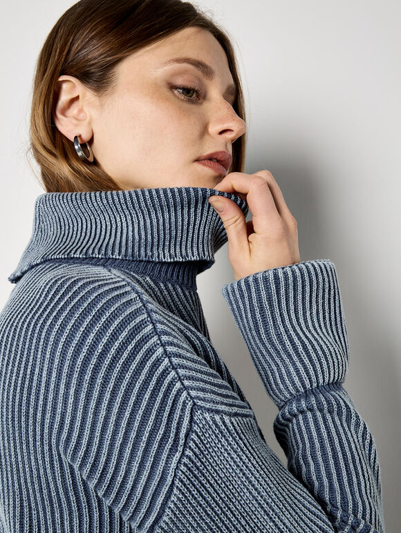 Roll Neck Ribbed Stonewashed Jumper, Blue, large