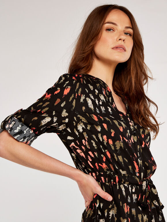 Brushstroke Print Dress, Black, large