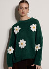 Chunky Knit Flower Applique Jumper, Pine Green, large