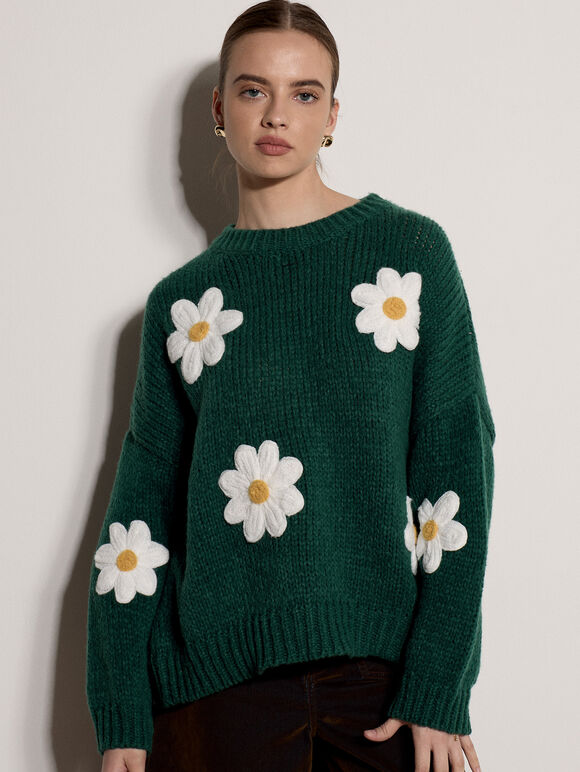 Chunky Knit Flower Applique Jumper, Pine Green, large