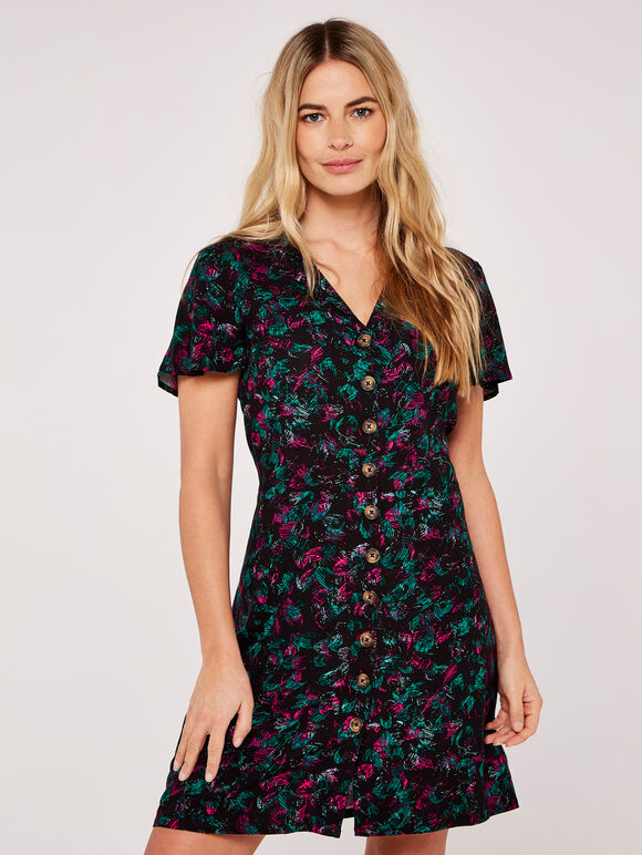 Abstract Print Button Dress, Black, large