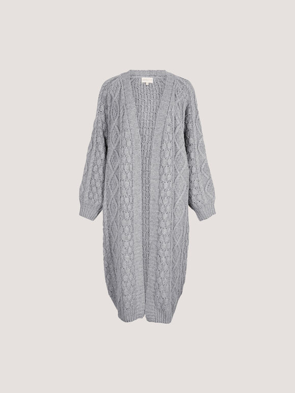 Chunky Cable Knit Longline Cardigan, Grey, large