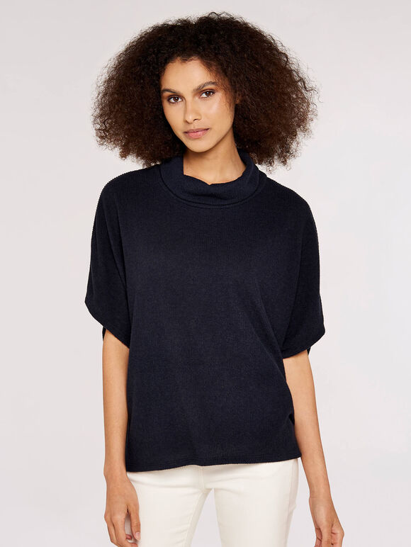 Roll Neck Ribbed Cape, Navy, large