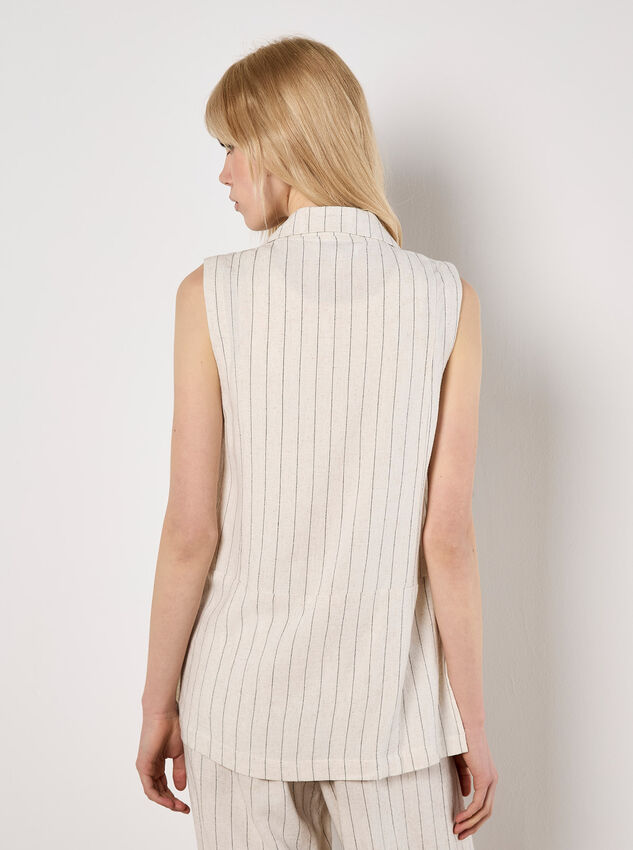 Longline Woven Pinstripe Waistcoat, Stone, large