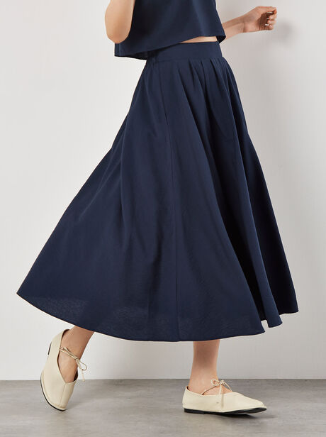 Slub Pleat A-Line Midi Skirt