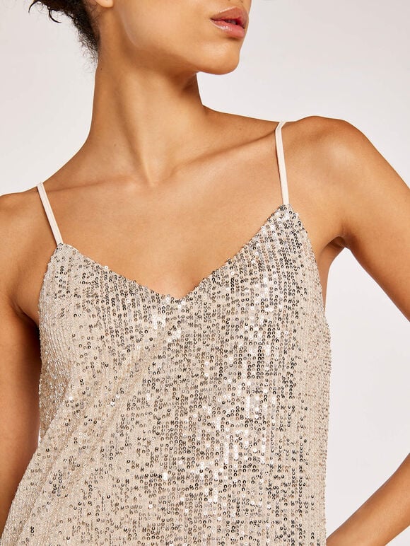 Sequin Cami Mini Dress, Stone, large