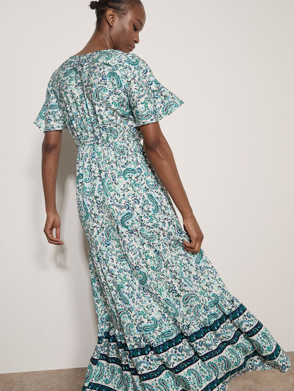 Paisley Print Tiered Maxi Dress, White, large