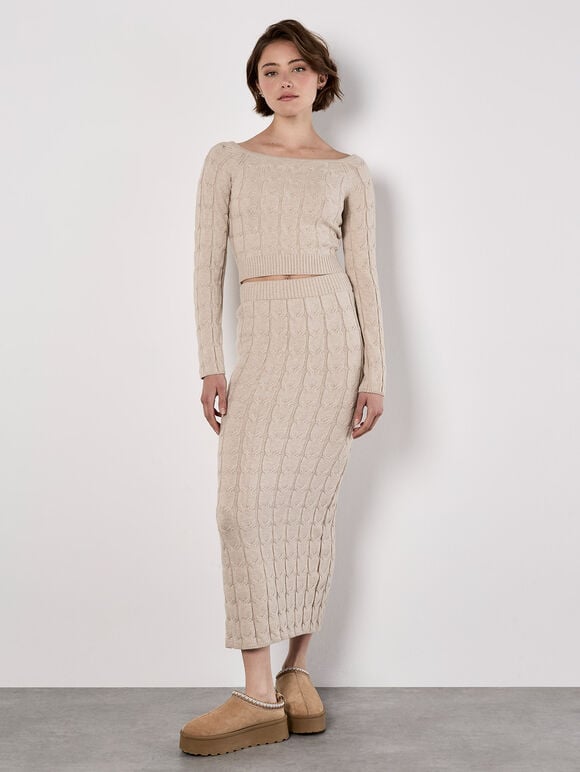 Cable Knit Maxi Skirt, Stone, large