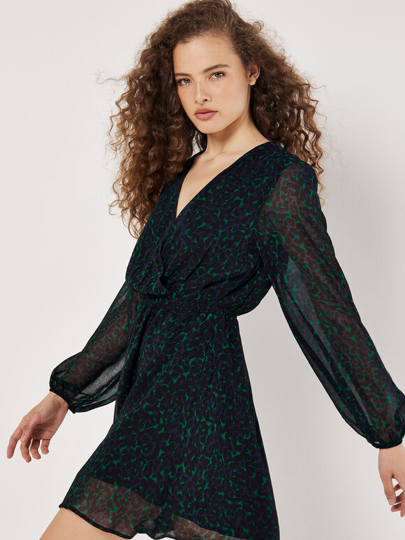 Animal Print Wrap Mini Dress, Green, large
