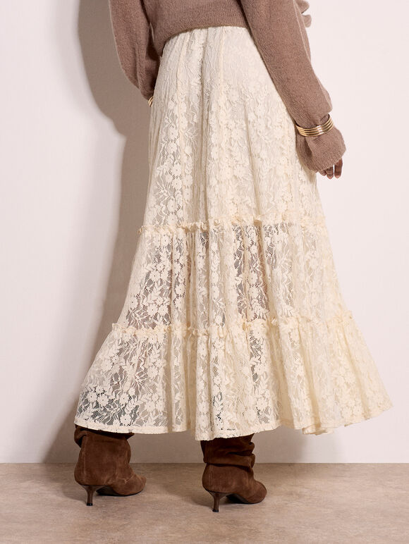 Floral Lace Tiered Midi Skirt, Cream, large