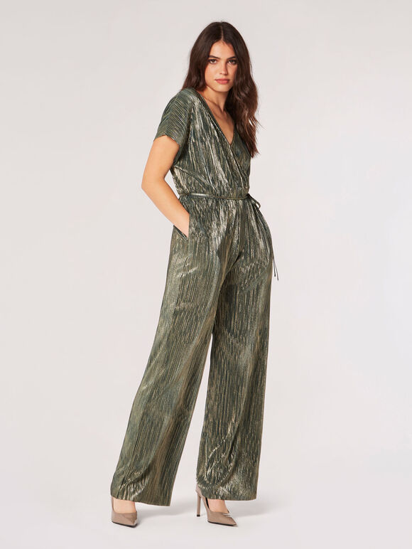 Metallic Plisse Wrap Jumpsuit, Green, large