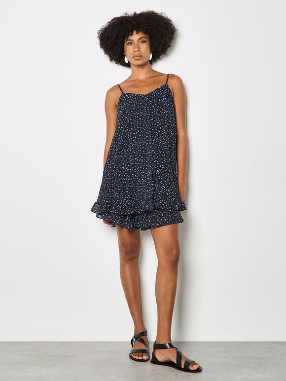 Poka Dot Pleated Chiffon Cami Top, Navy, large