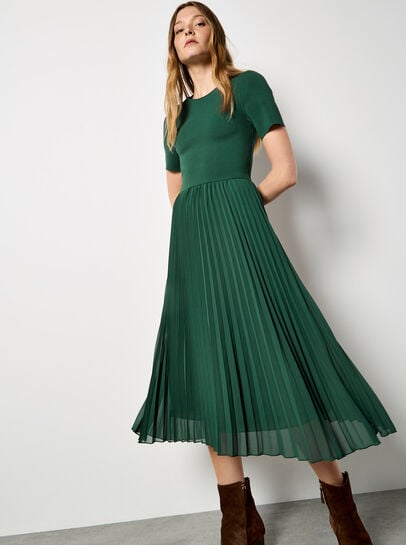 Rib Knit Chiffon Skirt Midi Dress