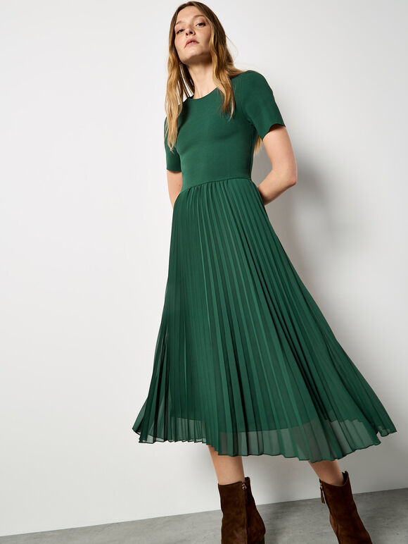 Rib Knit Chiffon Skirt Midi Dress, Green, large