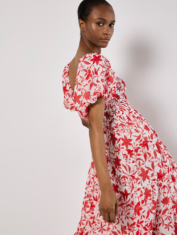 Sarasa Floral Tiered Midi Dress, Cream, large