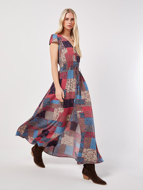 Robe Maxi Patchwork à Taille Smockée, Rose, grand