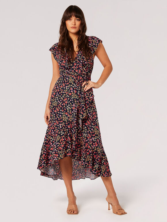 Ditsy Floral Ruffle Wrap Midi Dress, Navy, large