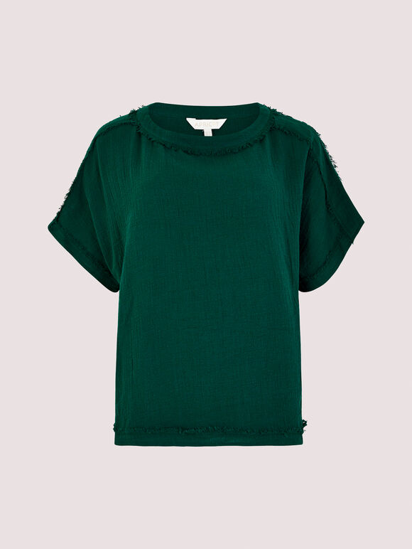 Raw Edge Baumwoll-T-Shirt, Grün, groß