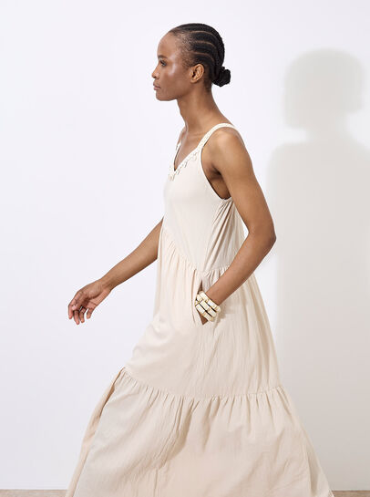 Bead Embellished Cotton Midaxi Dress