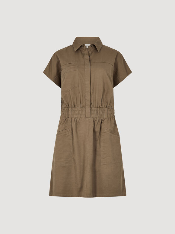 Utility Shirt Mini Dress, Brown, large