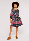 Folk Border Mini Dress, Navy, large