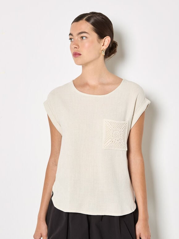 Crochet Pocket Linen Blend T-Shirt, Stone, large