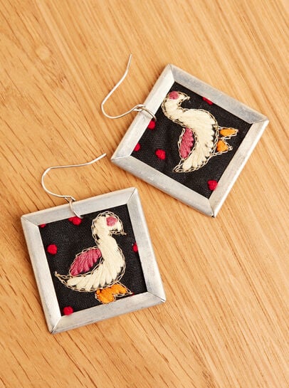 Silver Tone Embroidered Bird Hook Earrings